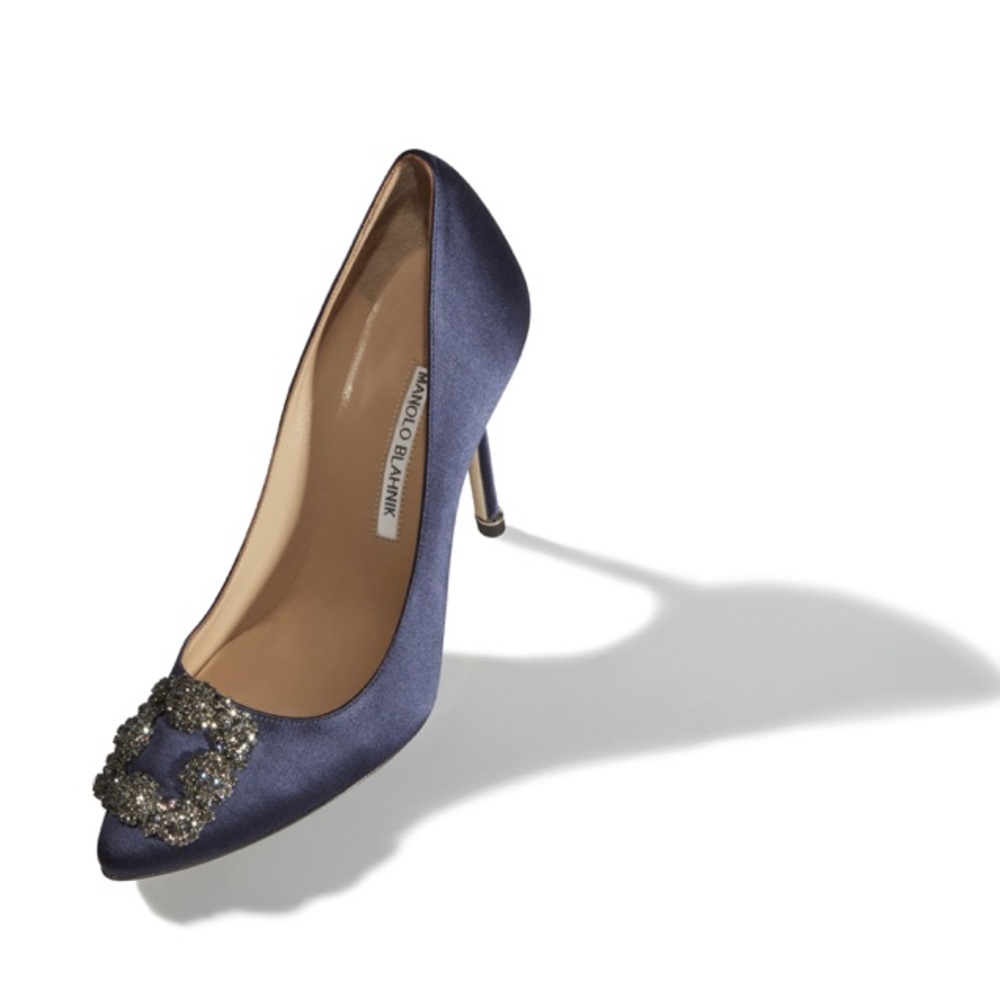Authentic Manolo Blahnik Satin Hangisi Navy Blue